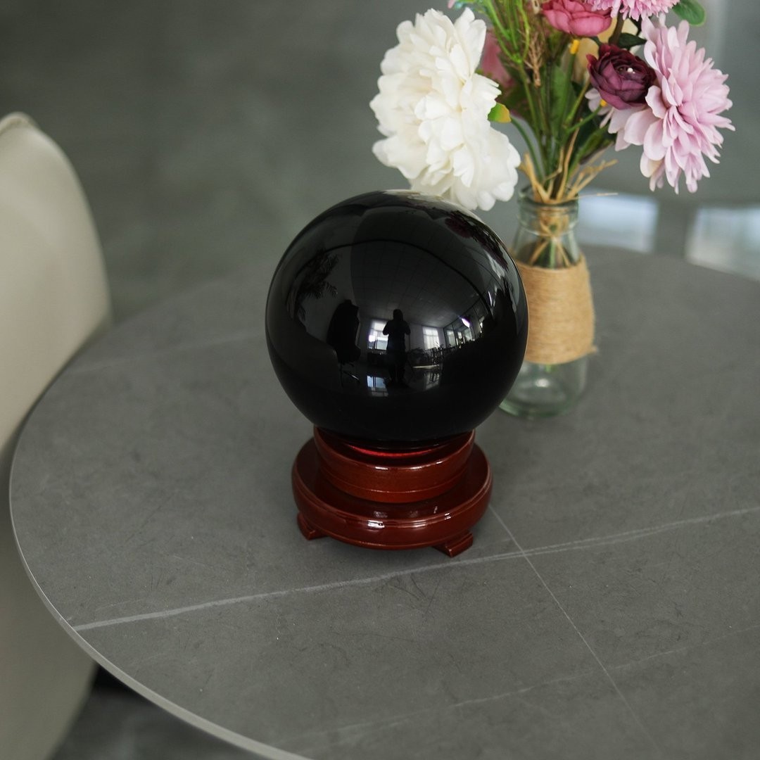 LONGWIN 200MM Black Crystal Ball Divination Glass Sphere Photo Prop Free Stand