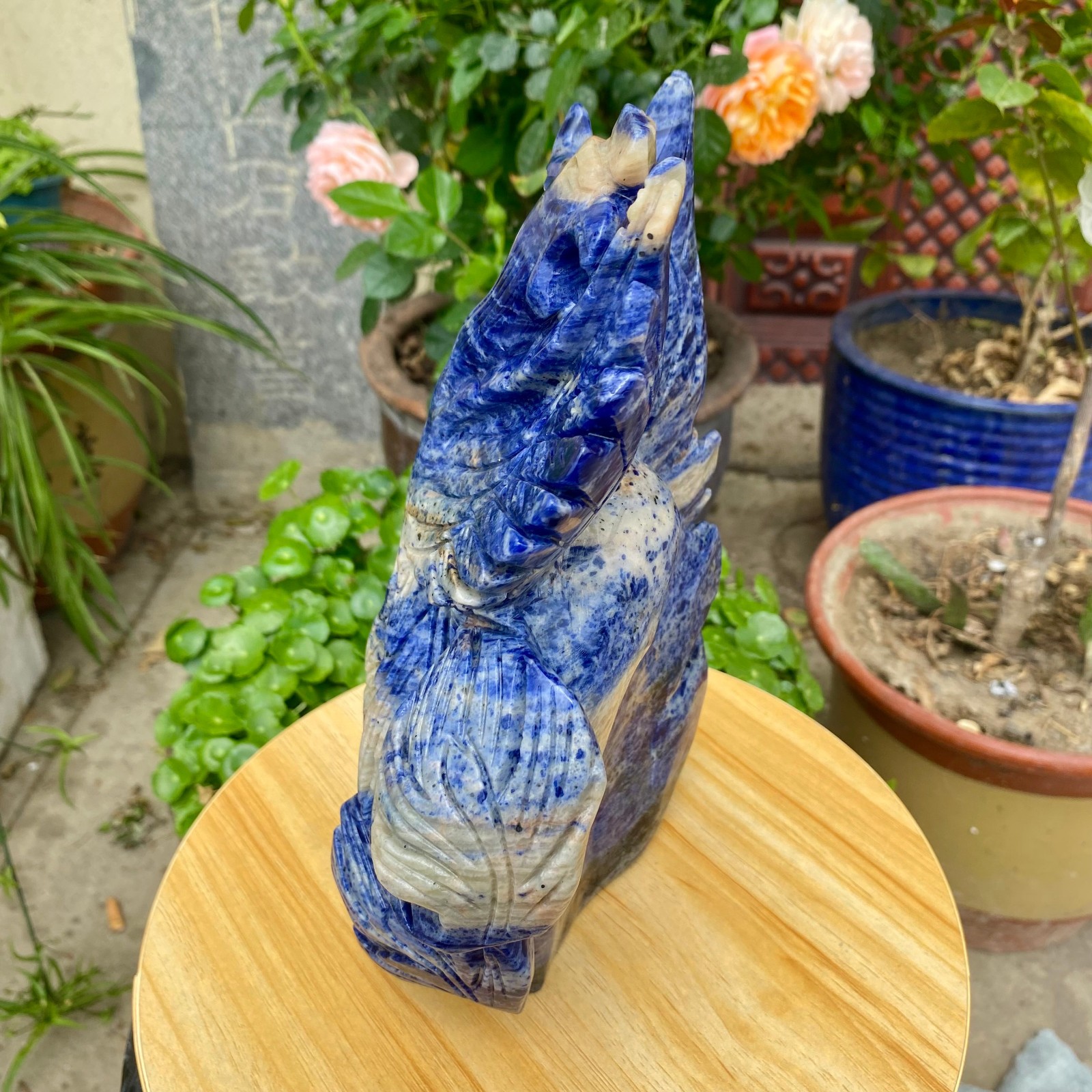 7.05LB Natural Blue Vein Stone Phoenix Carving, Home Decoration