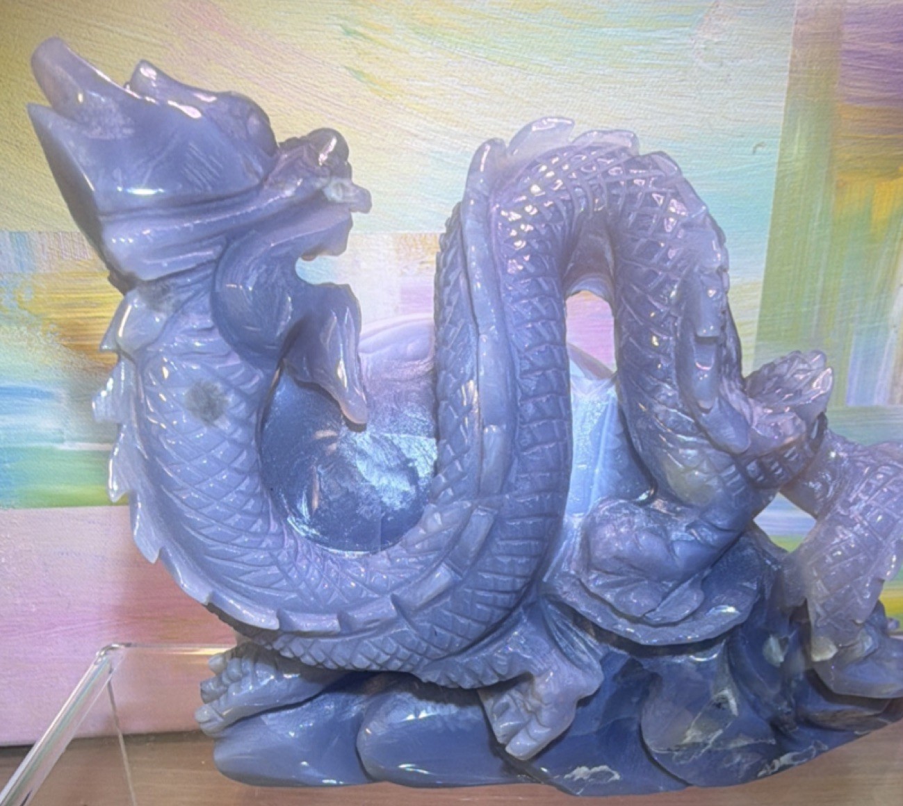 Carved Dragon Stand with Purple Amethyst Druzy Geode Crystal Egg Sphere