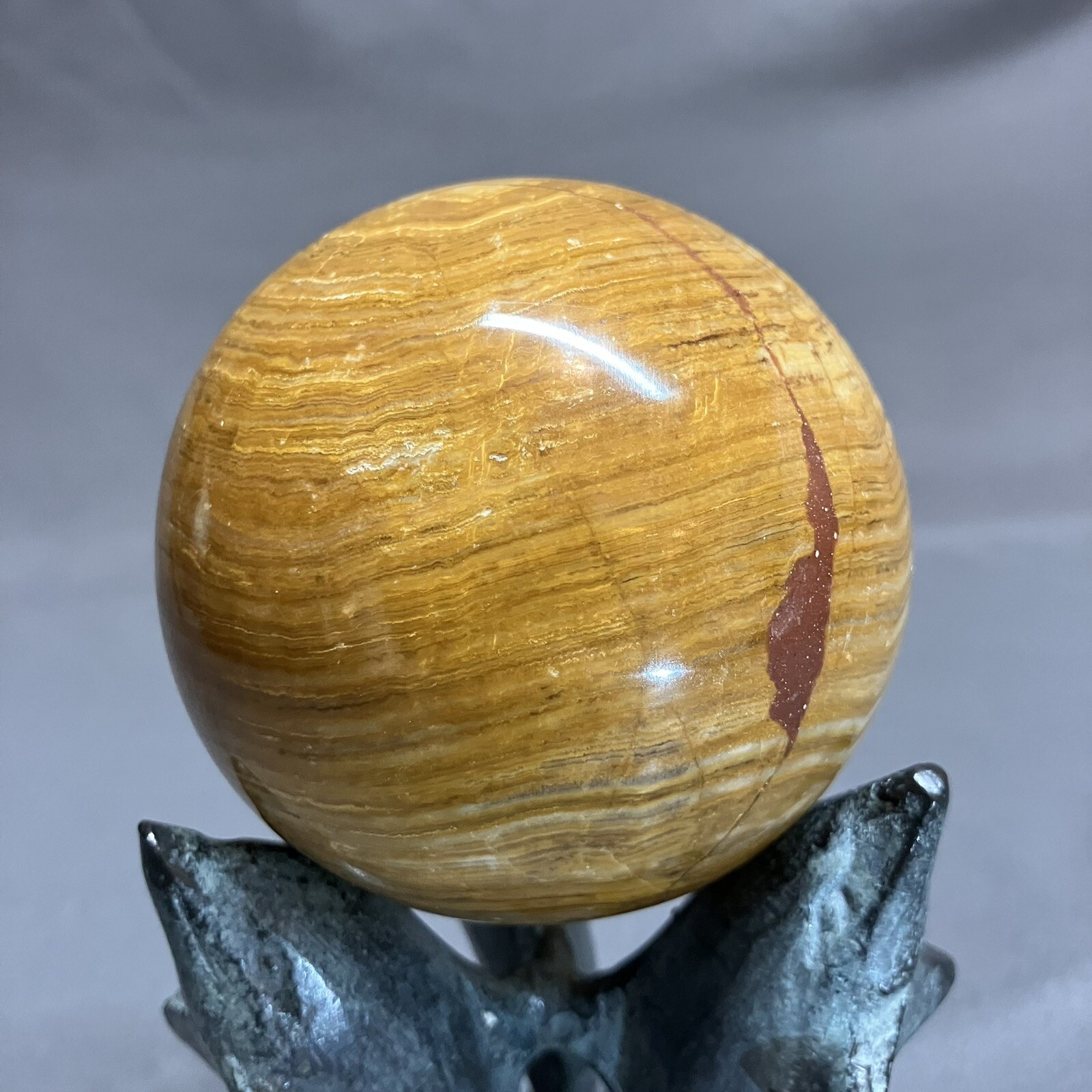3” Banded Gemstone Dolphin Stand / Onyx ? Stone / Sphere Ball / 76mm / REPAIRED