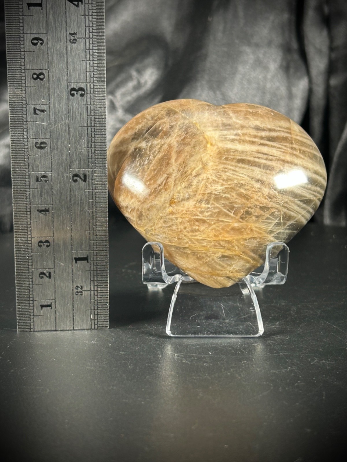 2.79″ Black Peach Moonstone With Acrylic Stand 6.3oz (178 grams)