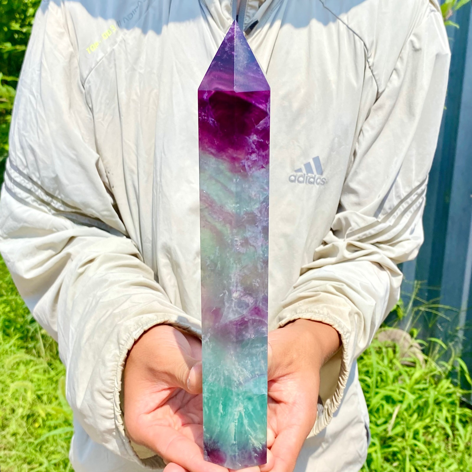 2.62LB Natural Rainbow Fluorite Obelisk Quartz Crystal Wand Tower Point Healing