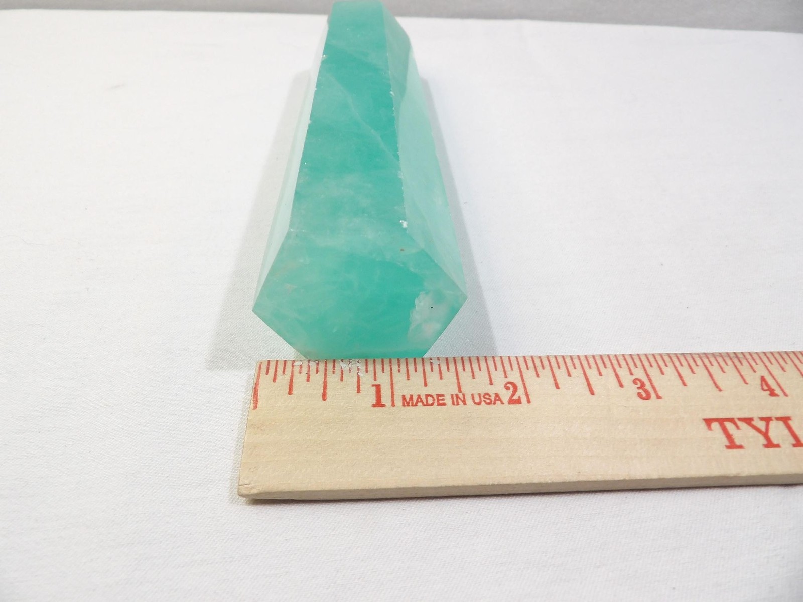 Green fluorite crystal tower, hexagon column obelisk, 6.75L X 1.75W, translucent