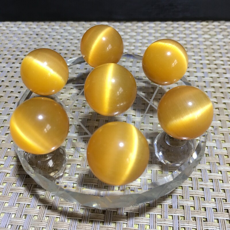 7pcs 20mm Grade A yellow Glass cat’s eye ball Sphere healing crystal +base r608