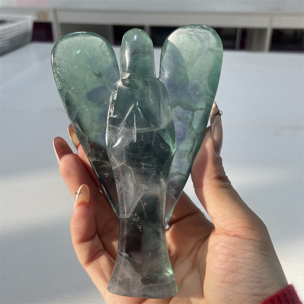 0.8LB 5.1″ Natural Rinbow Fluorite Angel Carved Crystal Mineral Quartz Decor
