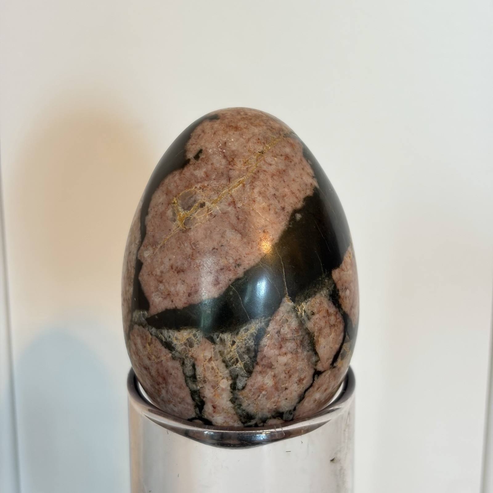 Polished and Carved RHODONITE Egg Natural Mineral Specimen Pink And Black 2.5”