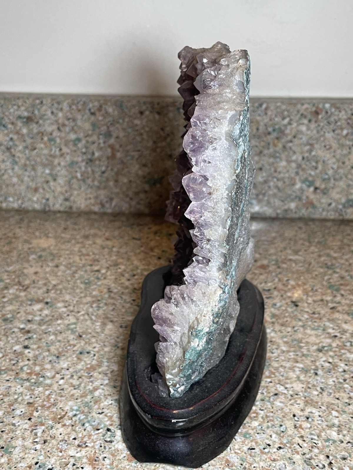 Natural Amethyst Crystal Cluster Geode Specimen on Wooden Display Stand 7”