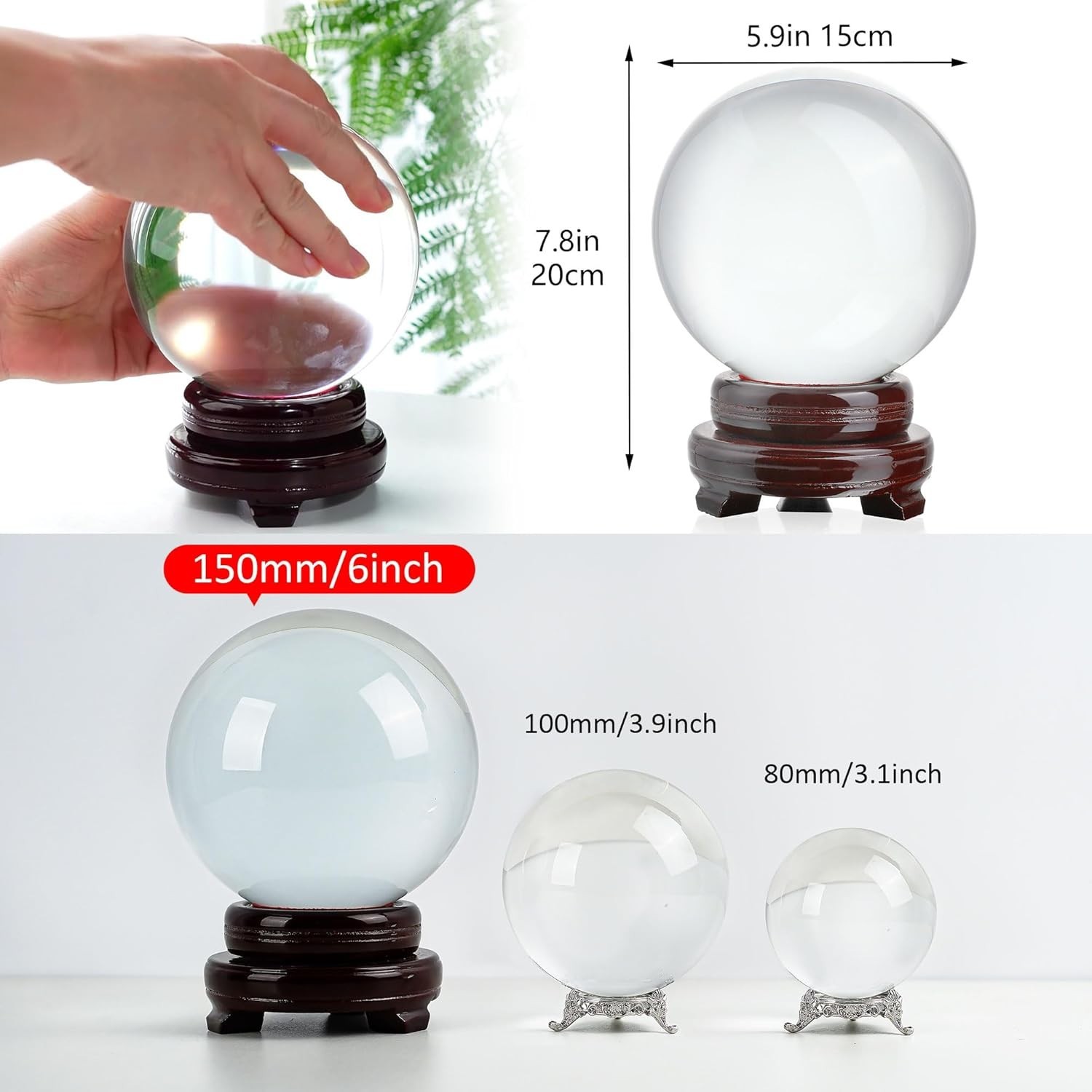 6″ Clear Crystal Ball w/ Polished Wooden Stand – Fortune Telling