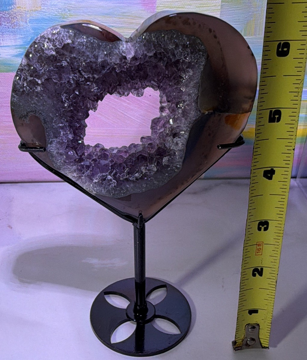Heart-Shaped Purple Crystal Geode Slice Decor on Black Metal Stand, 6 in Tall