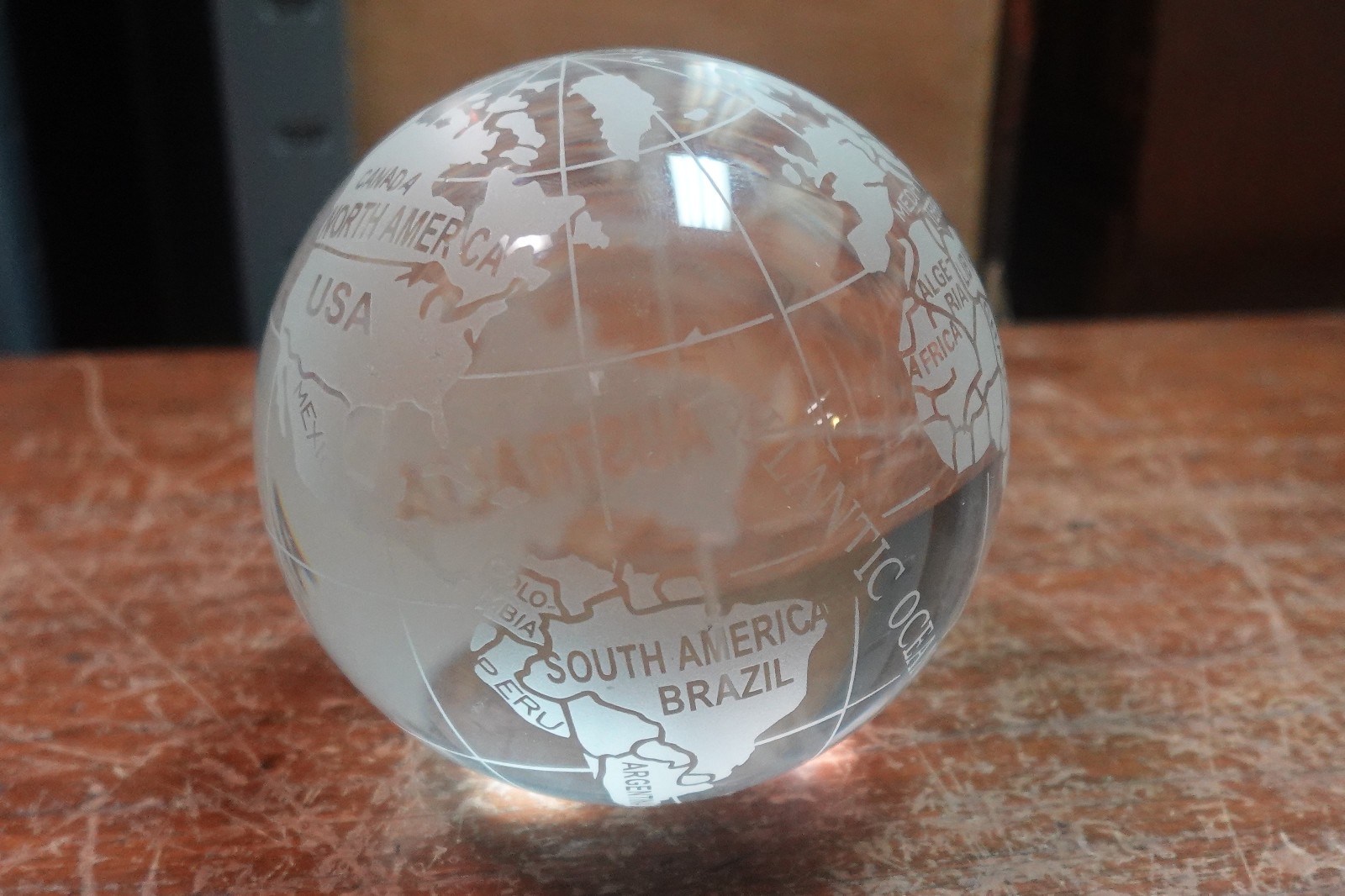 4″ tall World Globe Earth Sphere Etched Frosted Glass Ball Paperweight NO STAND