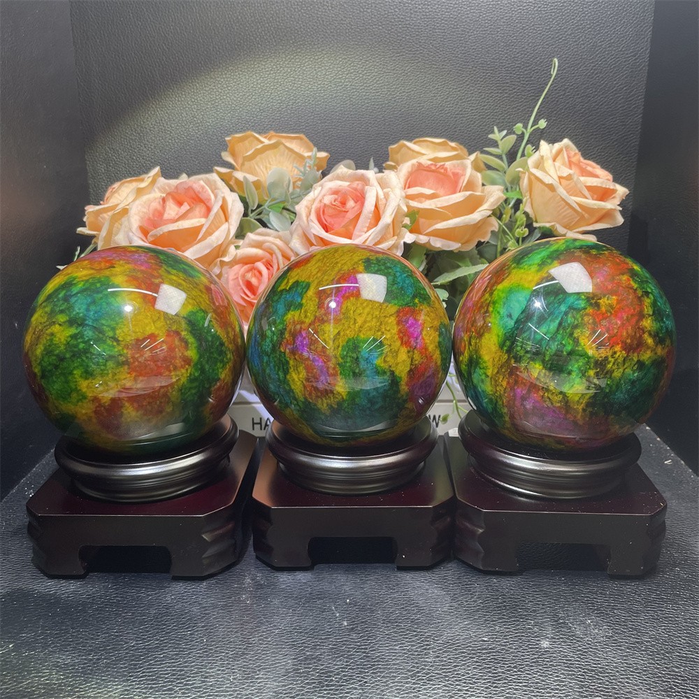 Random 1pc 3.8LB 3.8″Seven Color Stone Sphere Crystal Reiki Quartz Ball+Stand