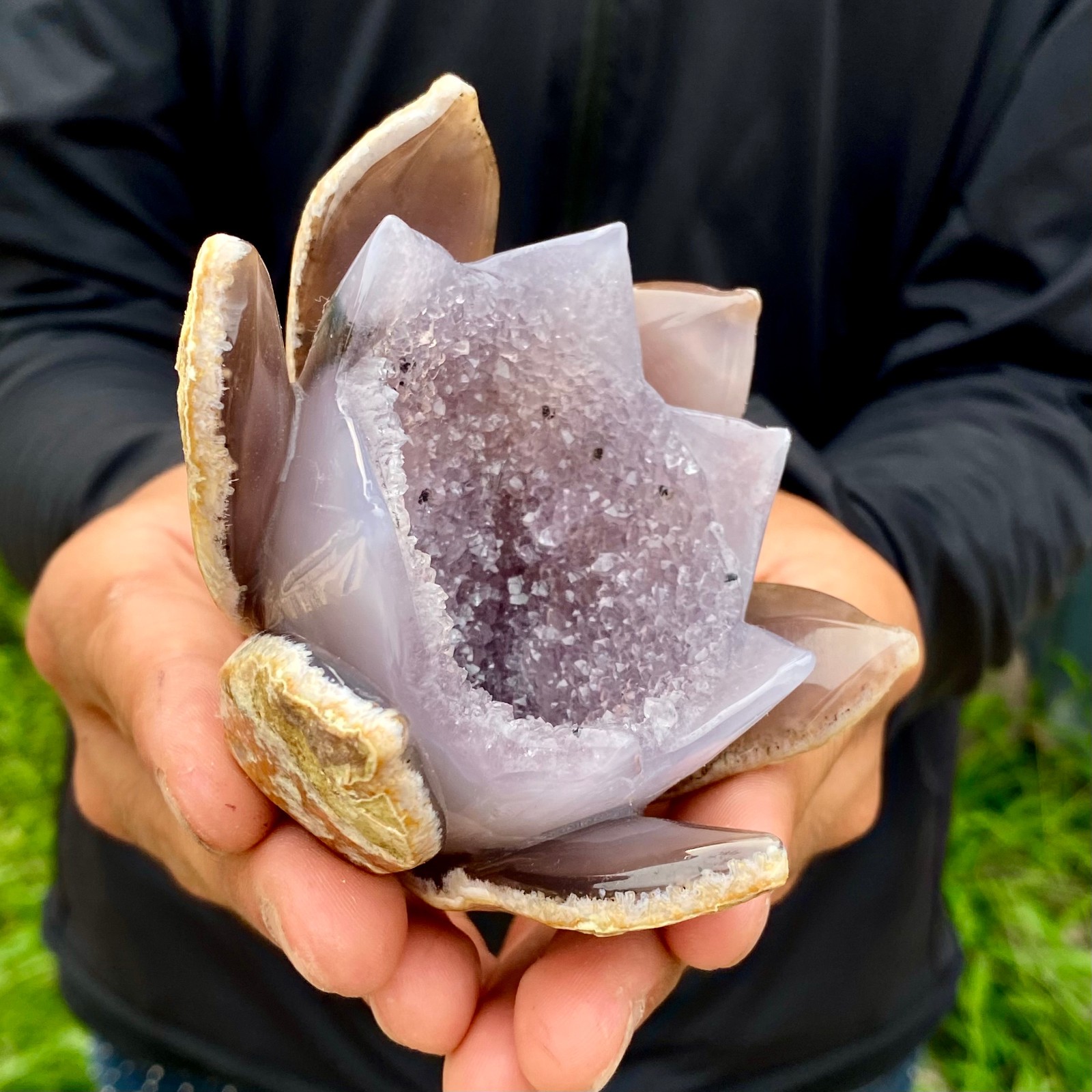 300G Natural Agate Geode Carved Lotus Flower, Hand Carved Healing Crystal Home