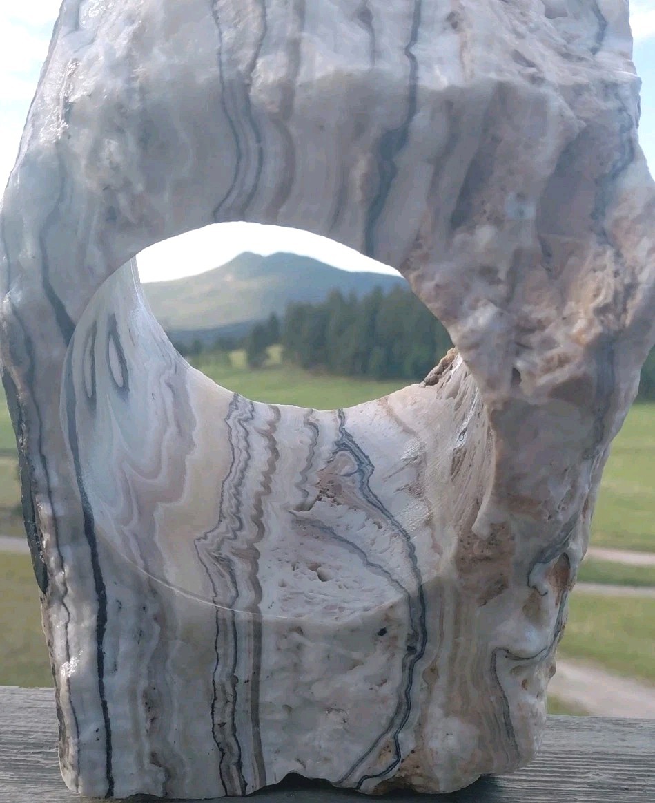 13.25Lb Zebra Calcite W CORED 4″ “Window” Display UV+ Bands Wrap Unique Décor
