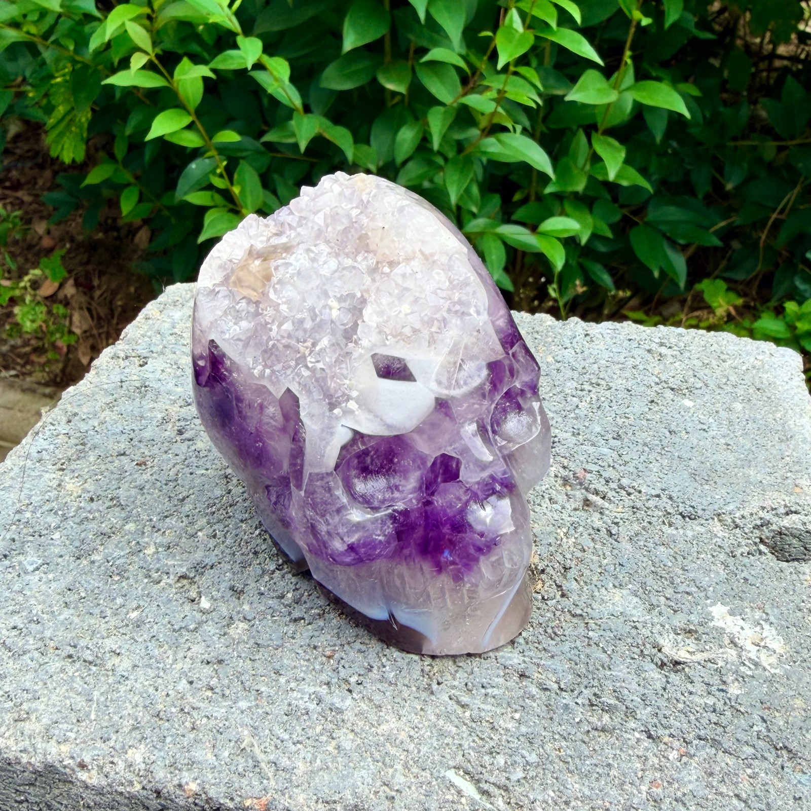 493g Amethyst agate crystal cave skull, Rare hand carved skull specimen