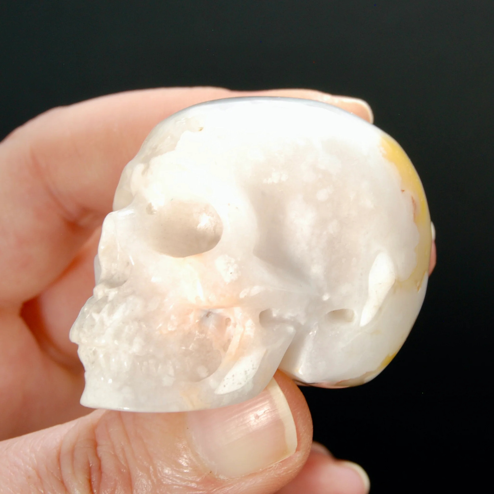 2in Sakura Flower Agate Carved Crystal Skull, Realistic Peach White Flower Agate