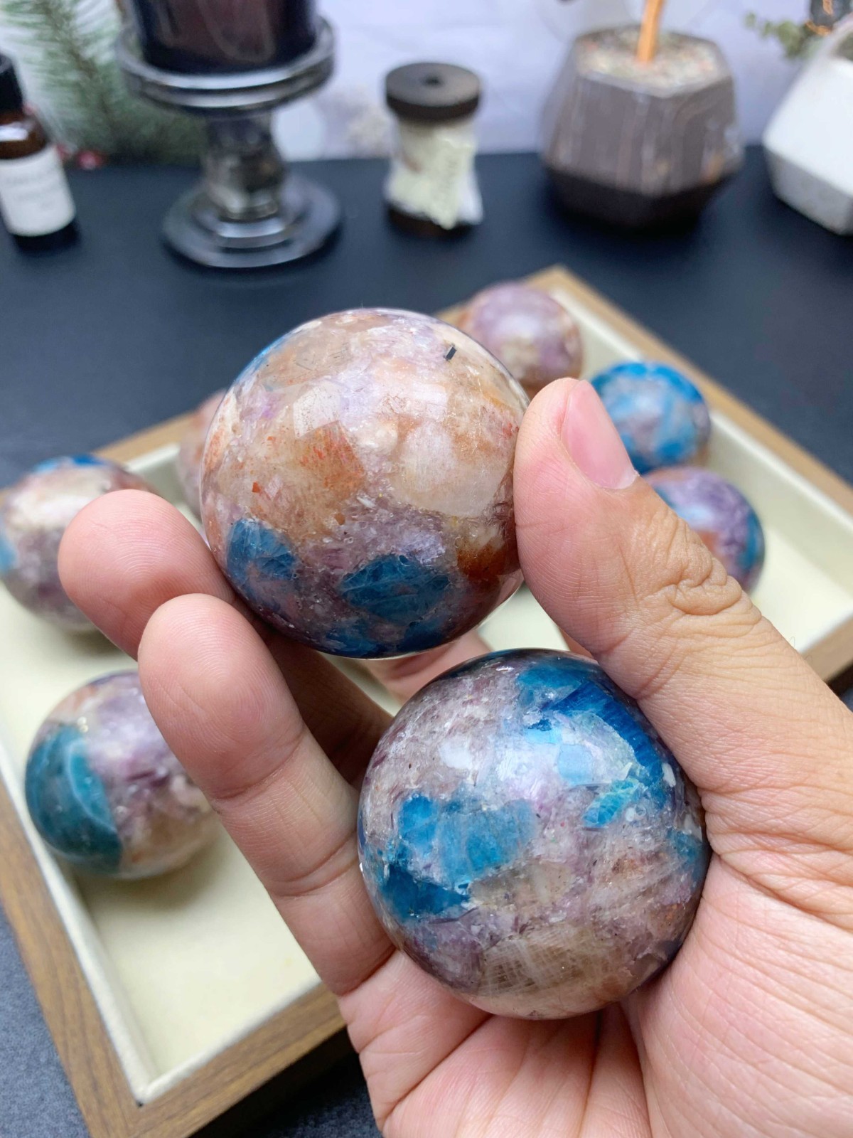 Composite Crystal Sphere 5cm, Apatite Sunstone Purple Mica with Wooden Stand