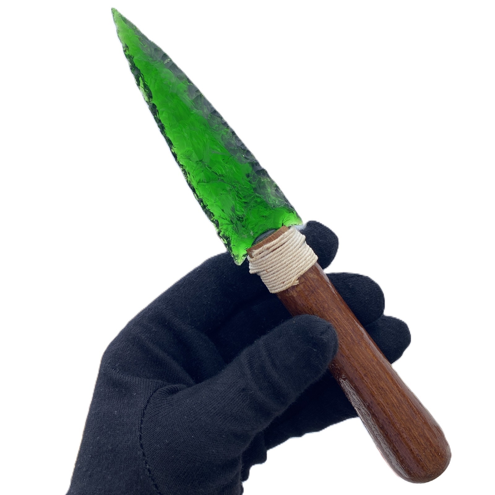 Handmade Green Obsidian Knife | Primitive Stone Blade | Wood Handle