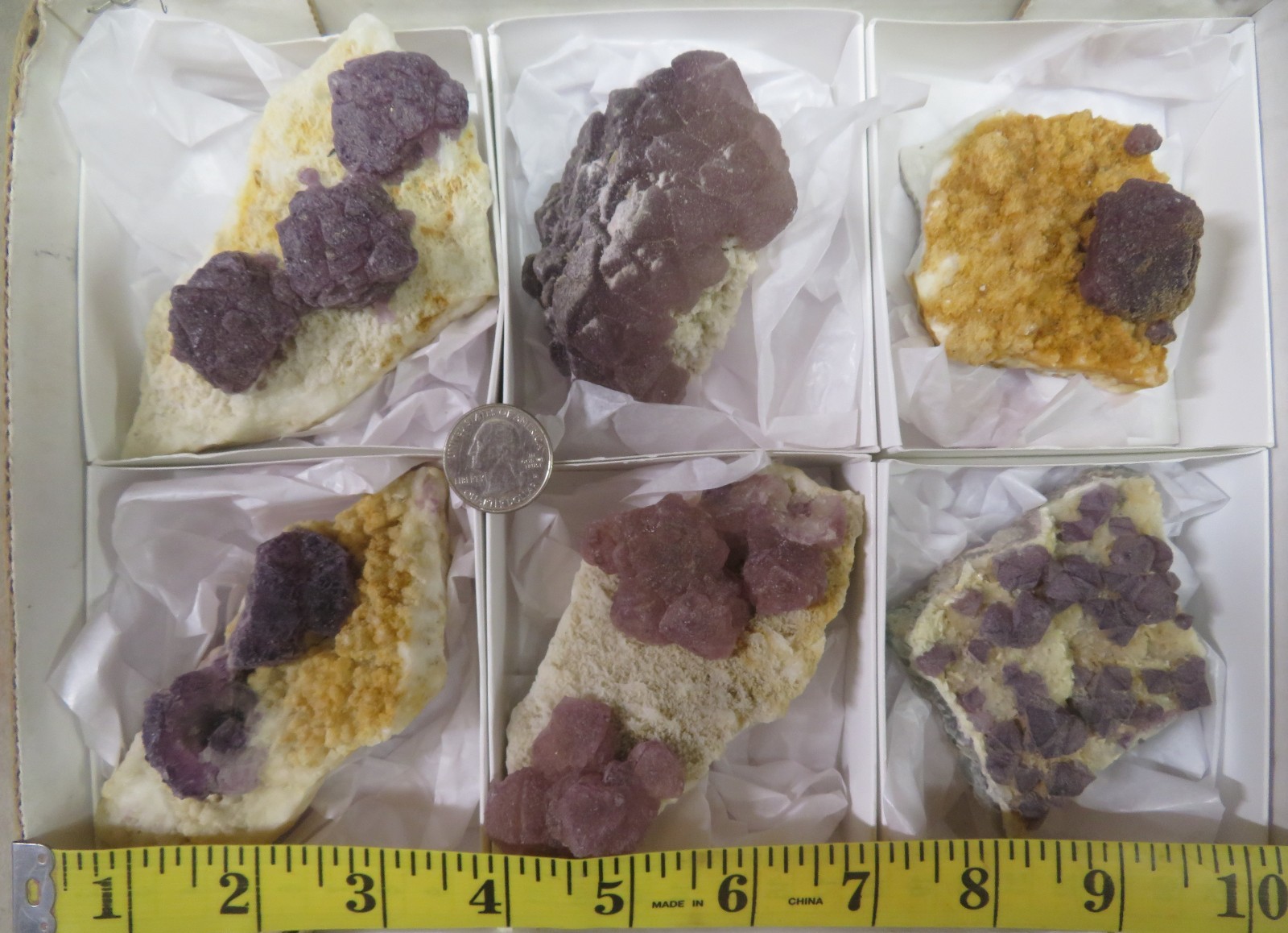 6 Piece Deep Purple Fluorite on Quartz Specimen Flat La Lupita Durango Mexico