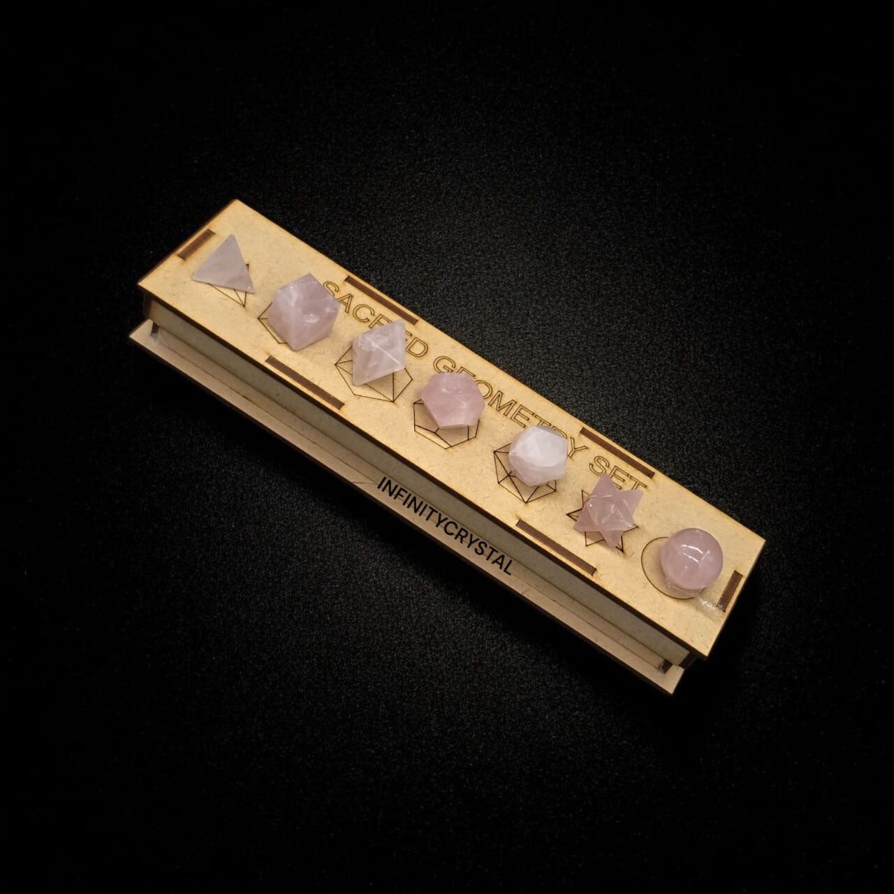 7 Pcs Pink Rose Quartz Sacred Geometry Set 7 Pcs,Grid Board Wooden Box Gifts.