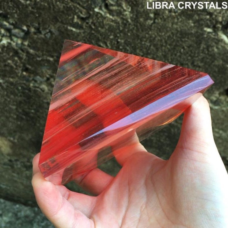 Cherry Quartz Style Glass Crystal Pyramid Red Translucent Geometric Metaphysical