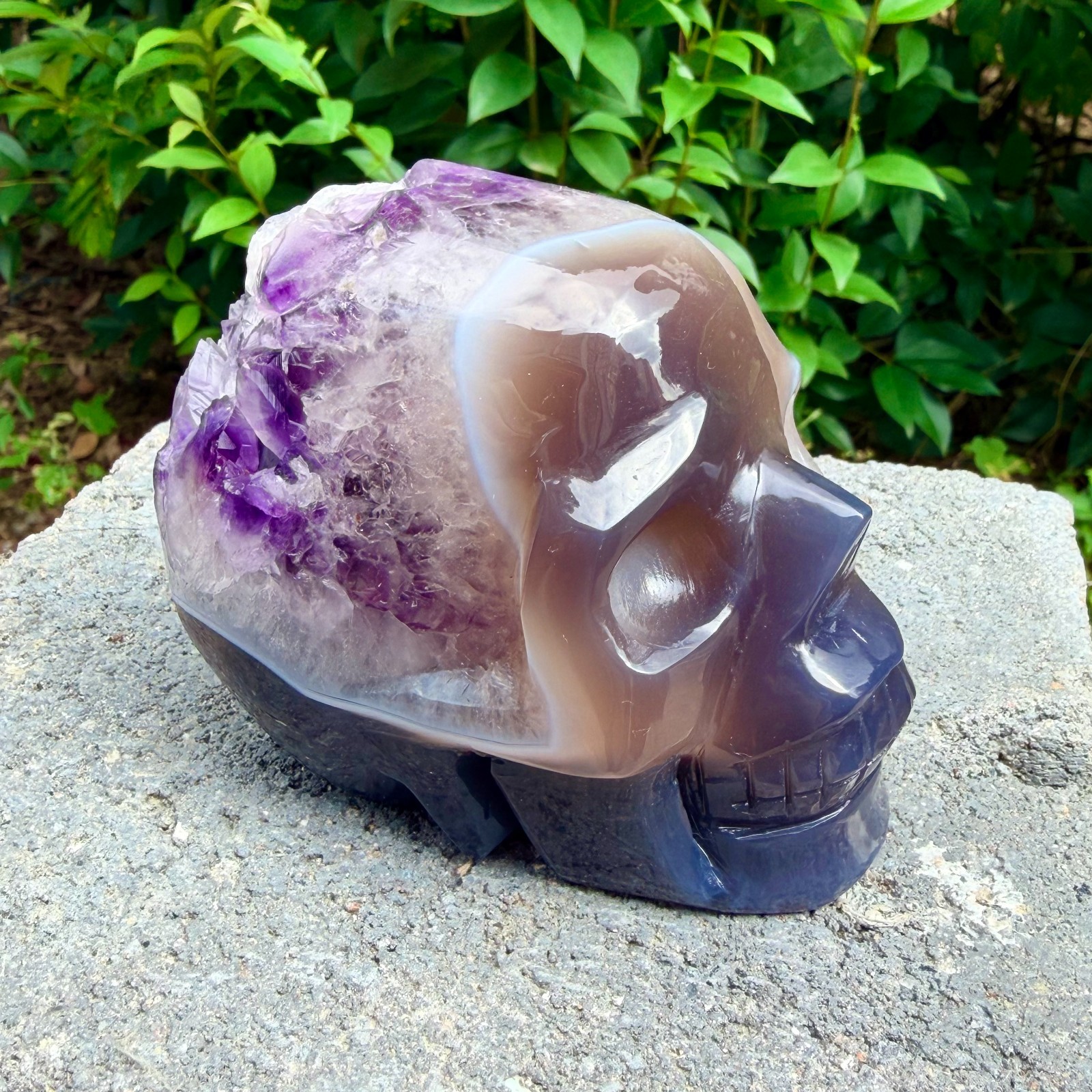 1.73lb Amethyst agate crystal cave skull, Rare hand carved skull specimen