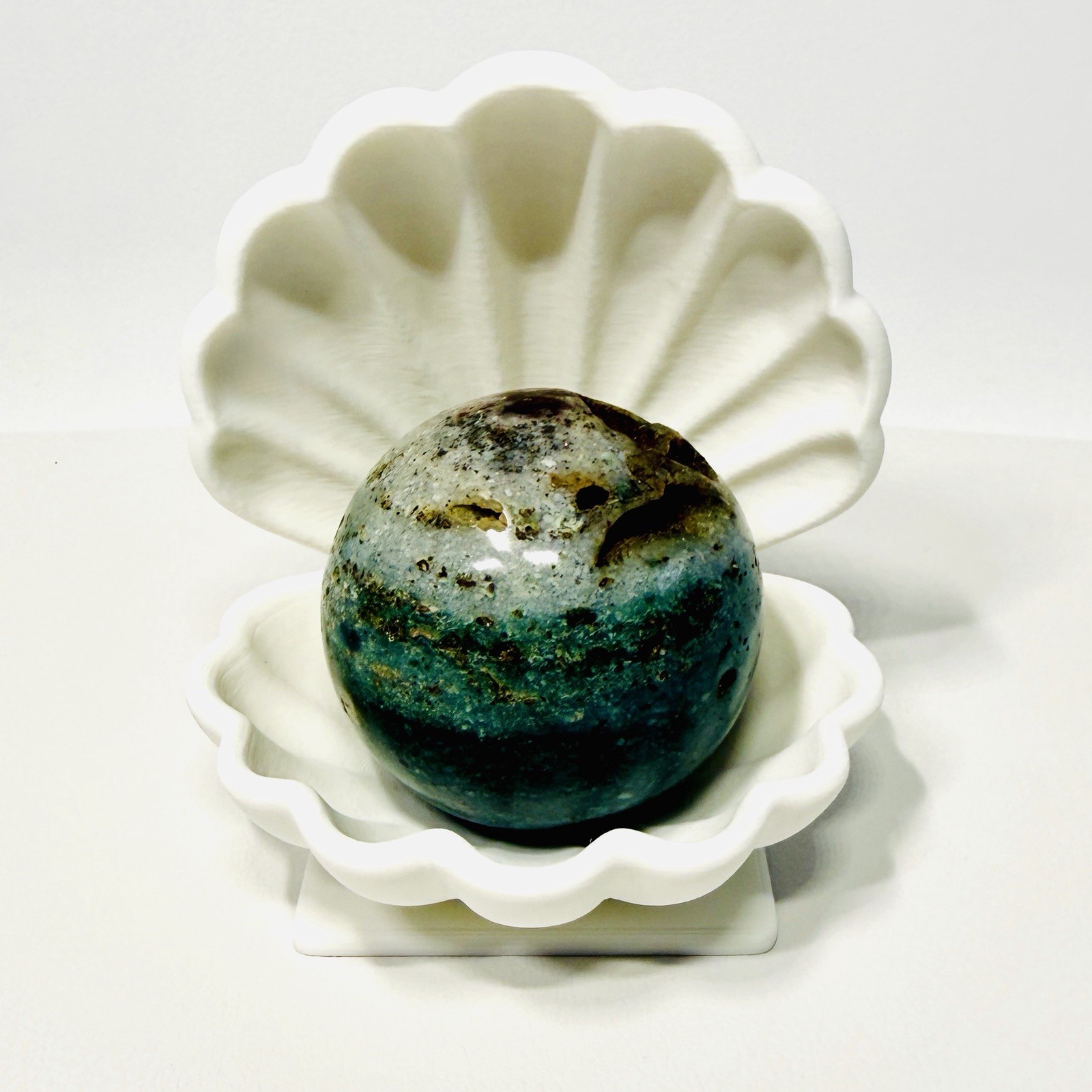 Mystery Jasper Crystal Ball with White Venus Clam Display Stand – No Selection
