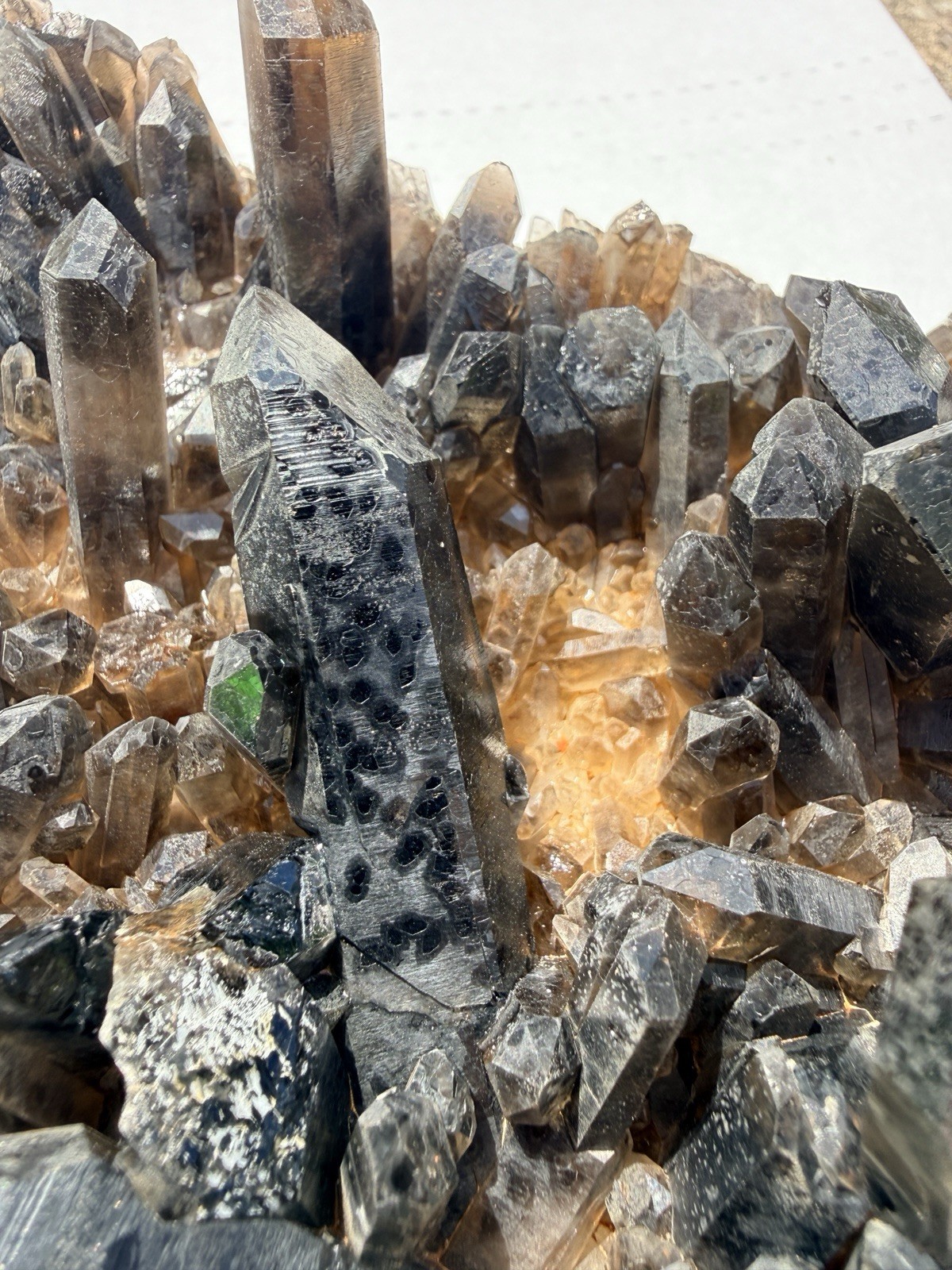 Large Smoky Quartz Cluster with Green Mineral Inclusion Raw Mineral Specimen