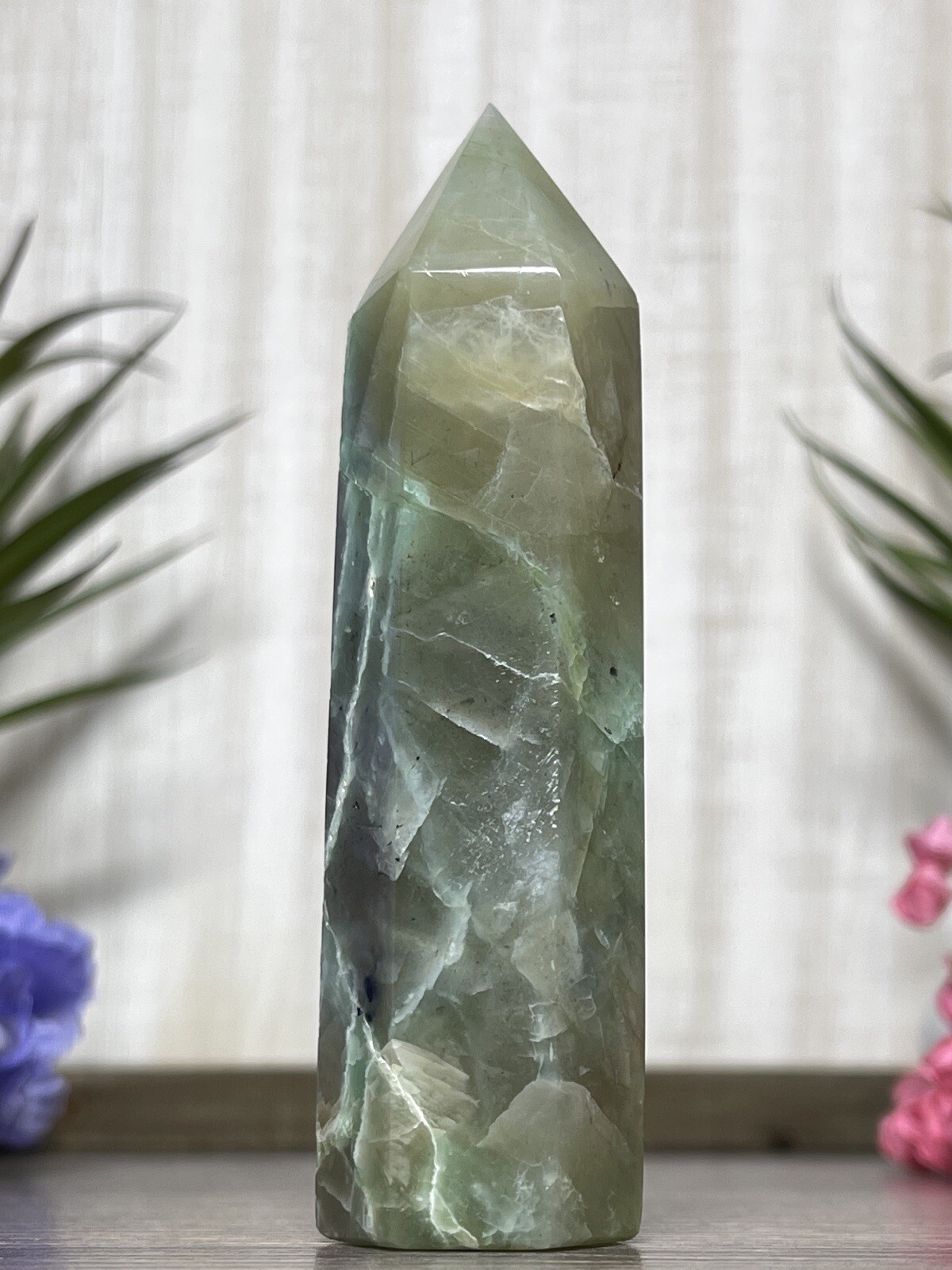GREEN MOONSTONE TOWER – Blue Flash Garnierite Crystal Mineral Point Witch Wiccan