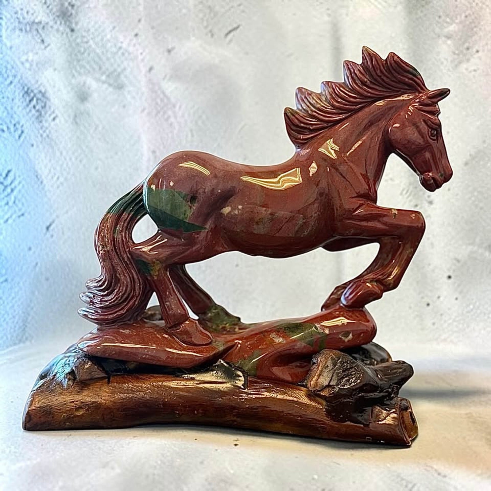 Ocean Jasper Running Horse Sculpture – Hand Carved Crystal Horse on Wood Base