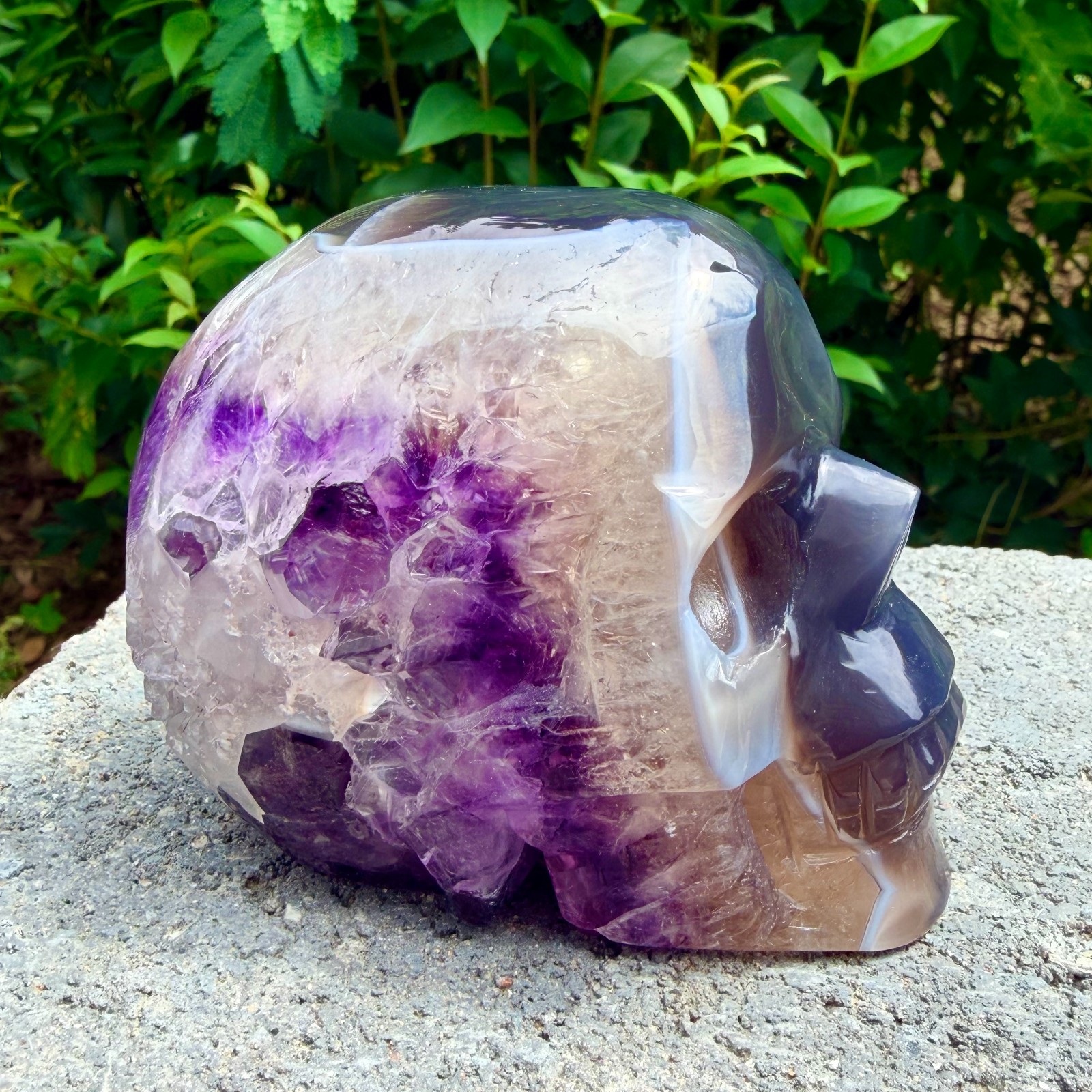 1.75lb Amethyst agate crystal cave skull, Rare hand carved skull specimen