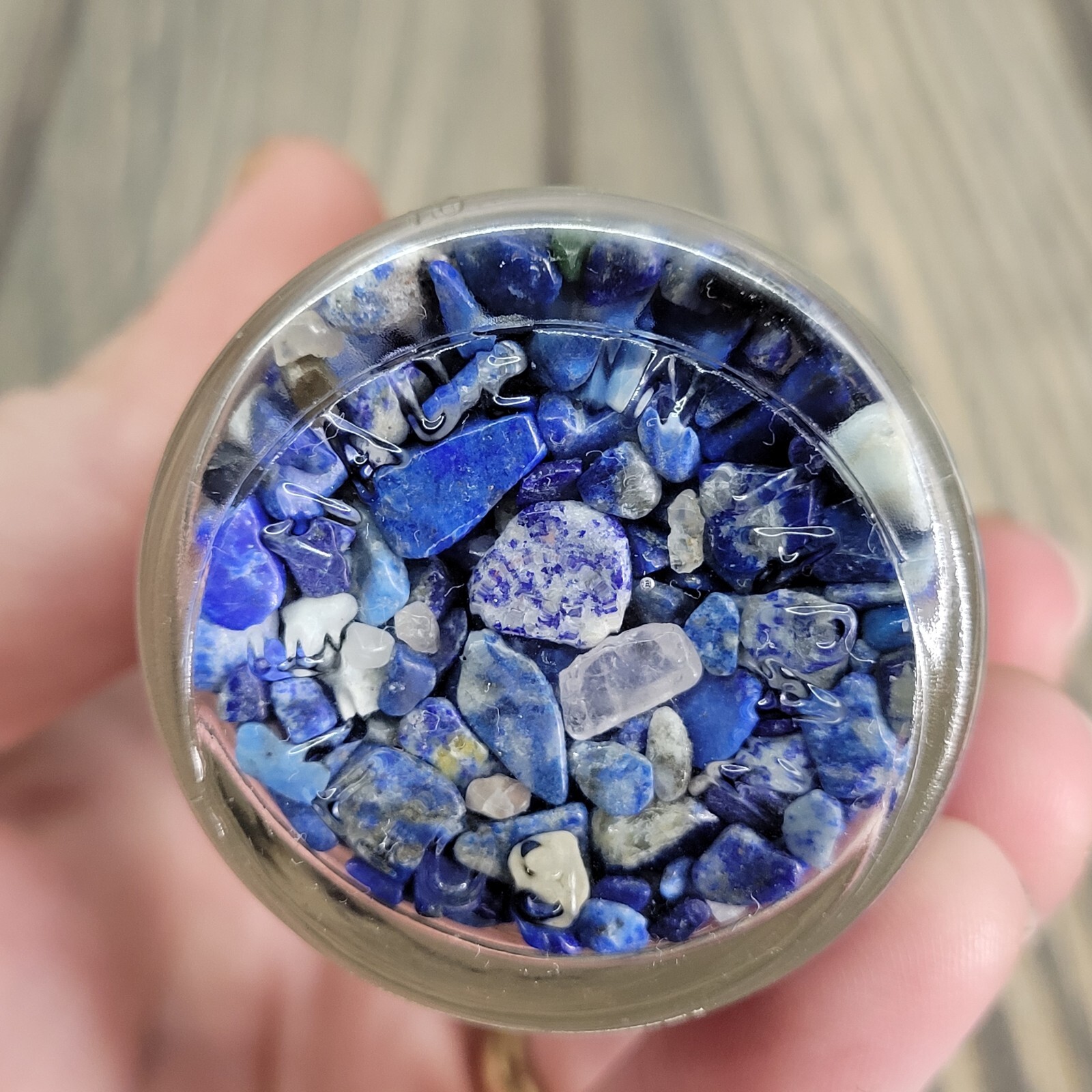 Lapis Lazuli Crystal Chips 4oz in Vintage Apothecary Glass Spice Jar Tumbled EUC