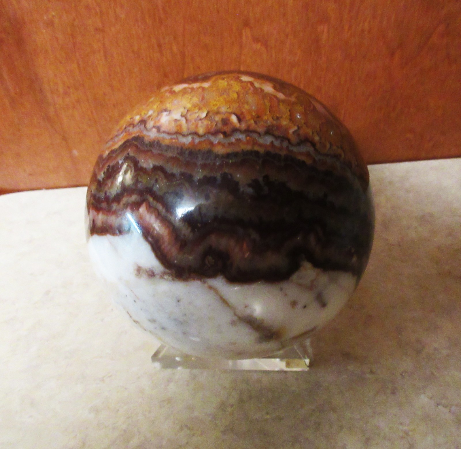 Large Banded Marble Polished Stone Sphere Browns and Whites 5” Diameter + Stand