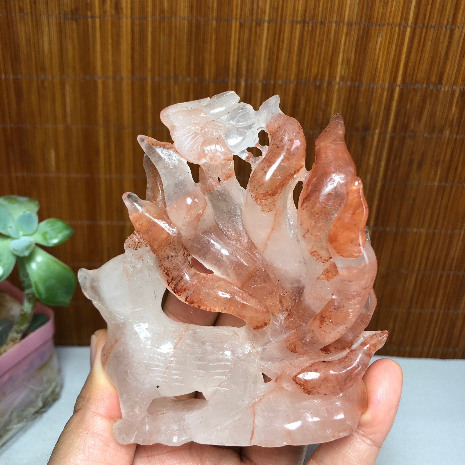 91mm Natural Red gum flower crystal carved Nine Tailed Fox specimens 175g A1799