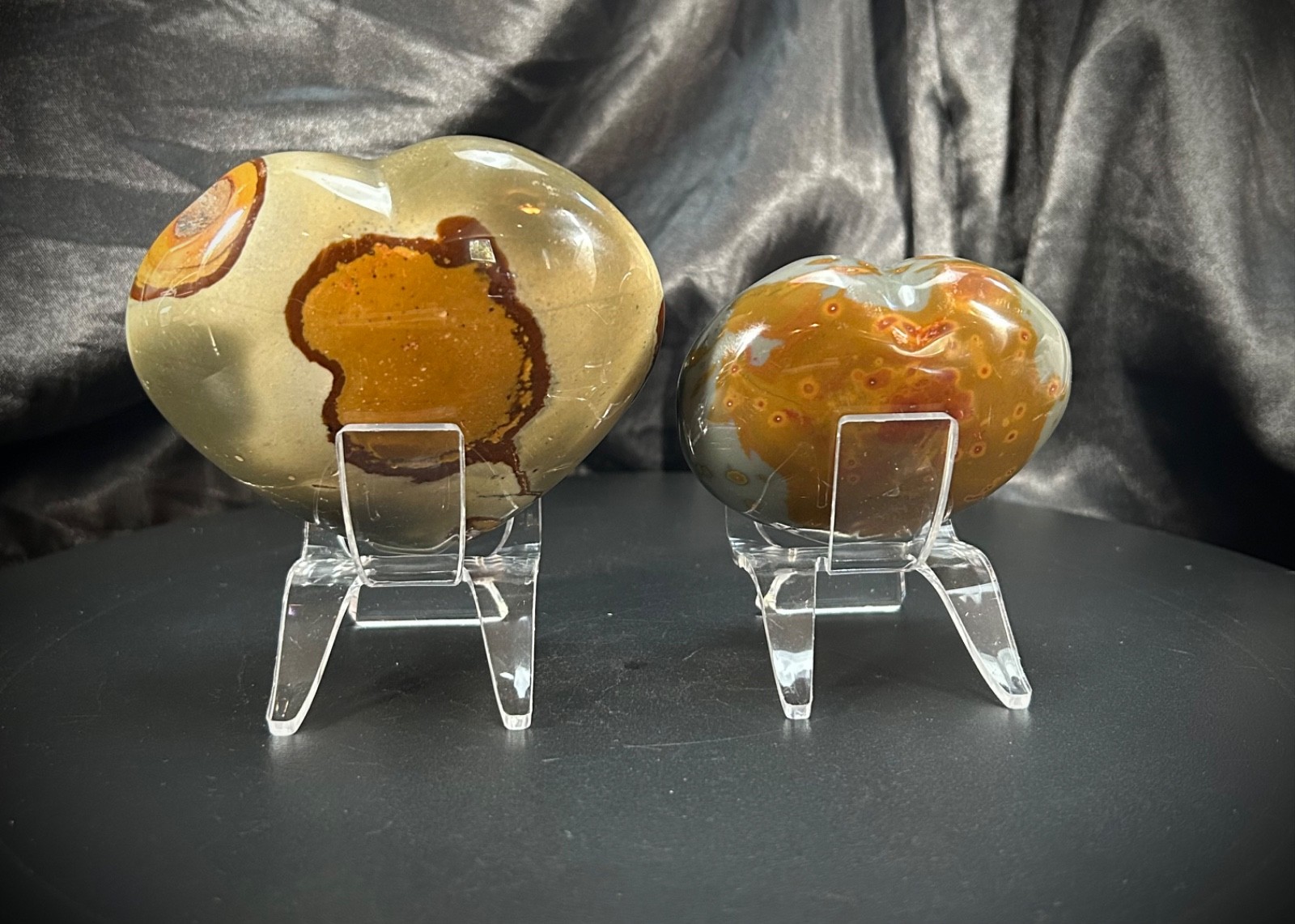 Chunky Polychrome (Desert) Jasper Heart Pair with Acrylic Stands 1lb 3.9oz total