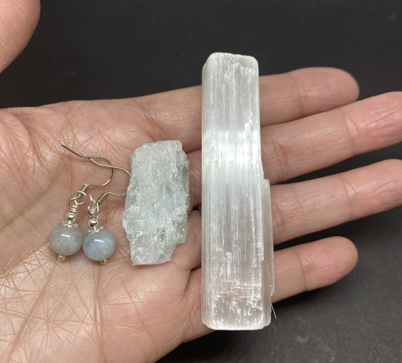Aquamarine Genuine Rough Crystal (1 1/2in) Earrings, & Selenite Stick Set