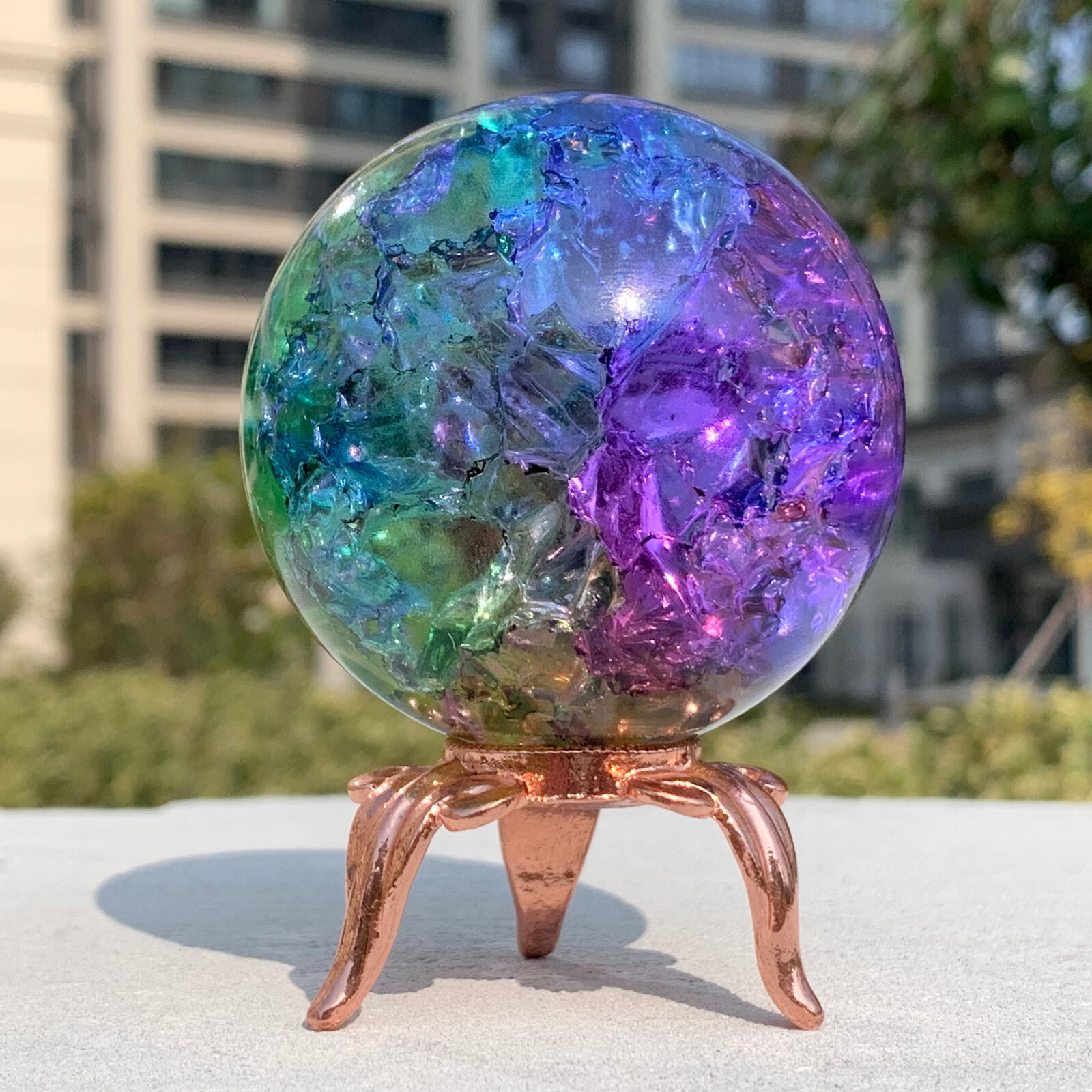 279G Natural Titanium Rainbow Quartz sphere Crystal ball Healing+stand