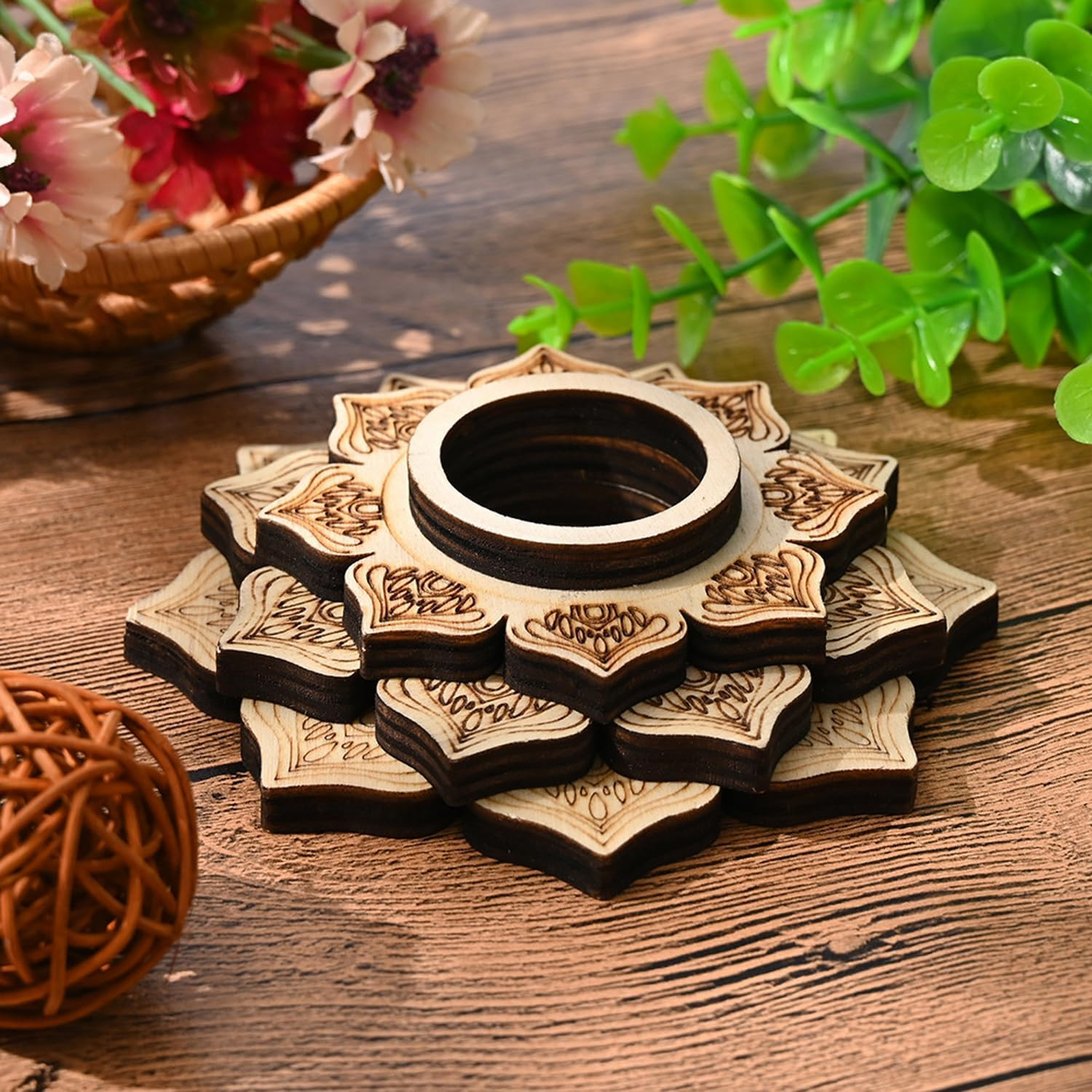 Wood Crystal Ball Holder Sphere Stand 4” Wooden Lotus Healing Spheres Display T