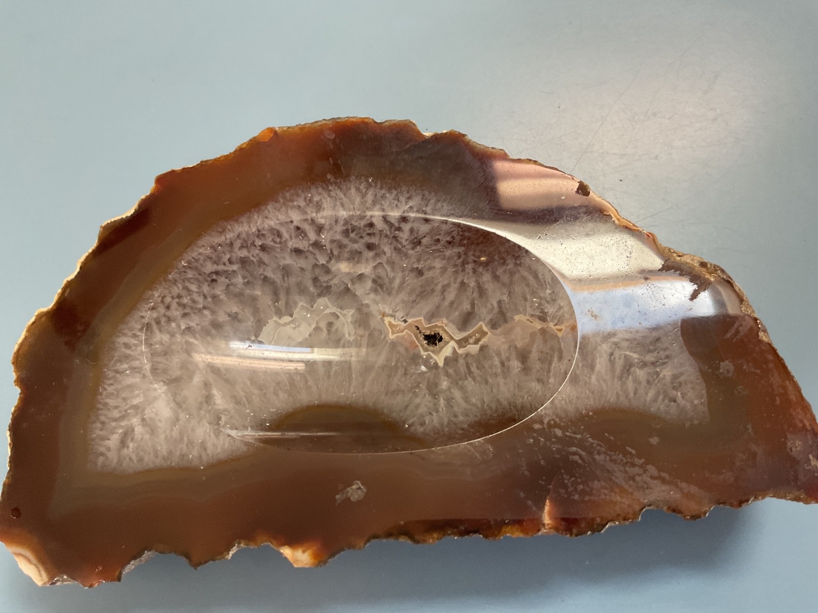 548 grams Cut & Polished 2 Sided Agate Geode 1 3/16 slice w/oval indentation