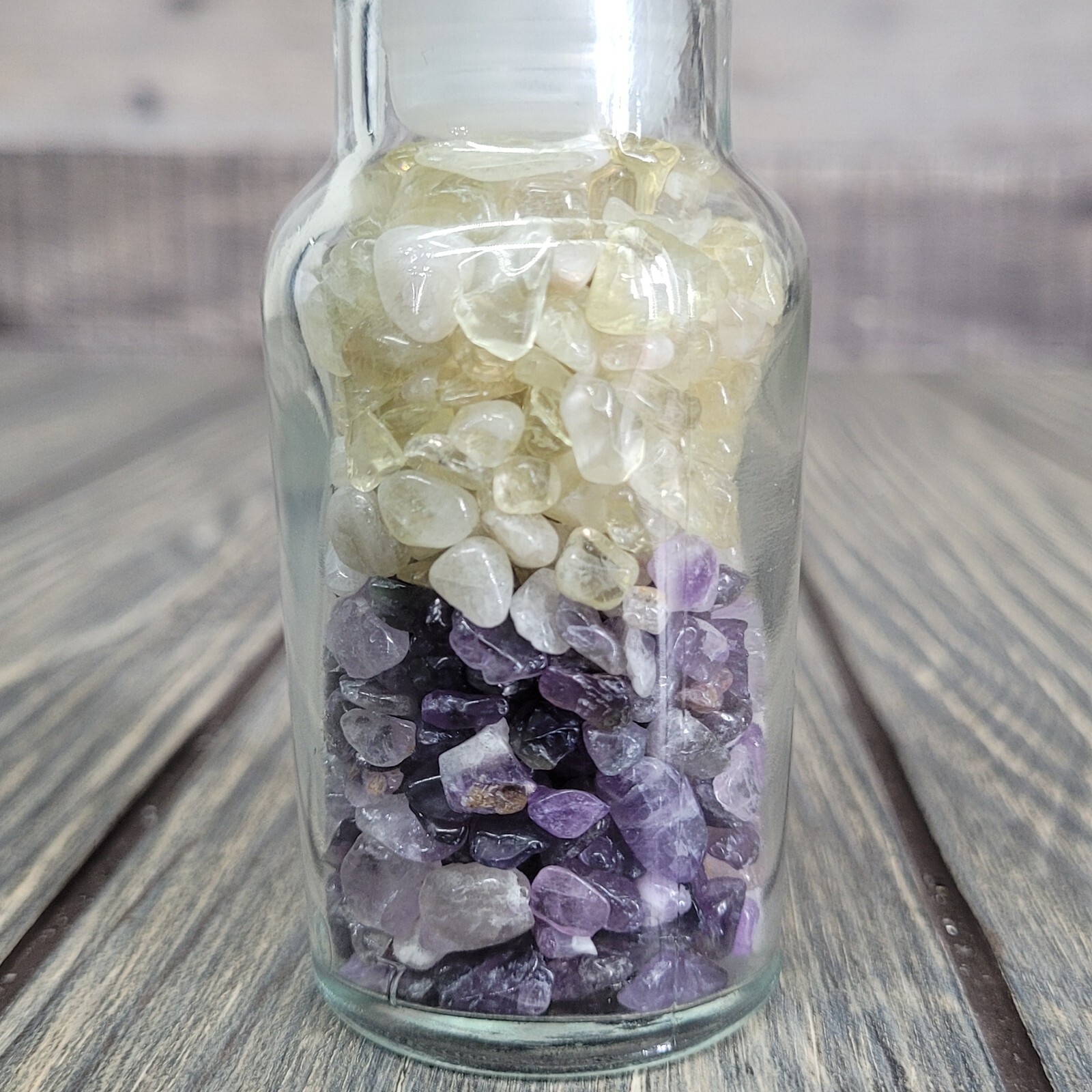 Amethyst & Citrine 4oz Vintage Apothecary Glass Jar of Crystal Tumbles Wagner