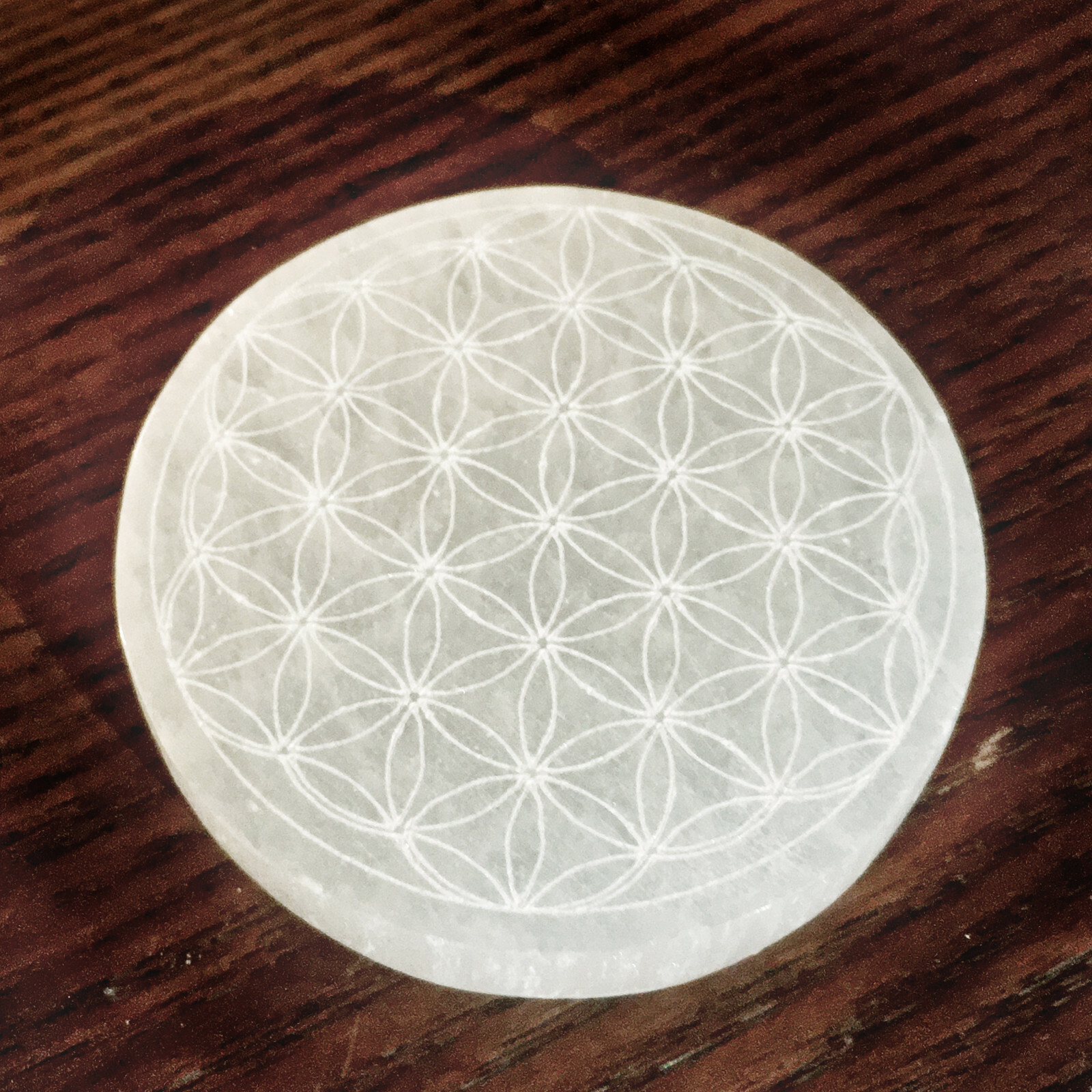 Selenite Crystal Charging Plate 3 ” Sacred Geometry Engraved Circle Disc Reiki