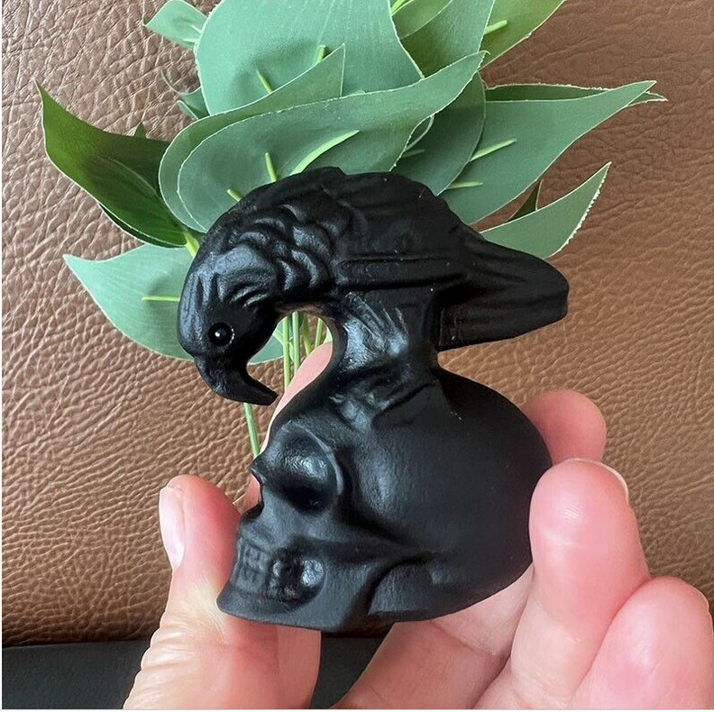 TOP ! Natural Hand Carved Obsidian Crow Skull Crystal Quartz Reiki Healing 1PC