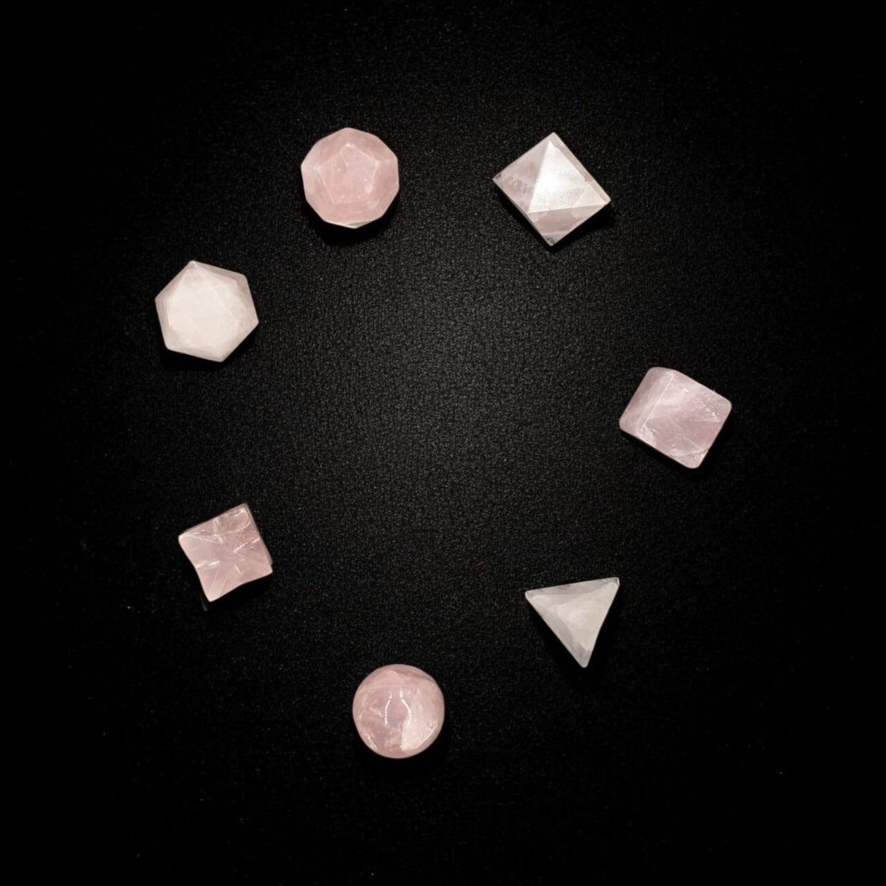 7 Pcs Pink Rose Quartz Sacred Geometry Set 7 Pcs,Grid Board Wooden Box Gifts.