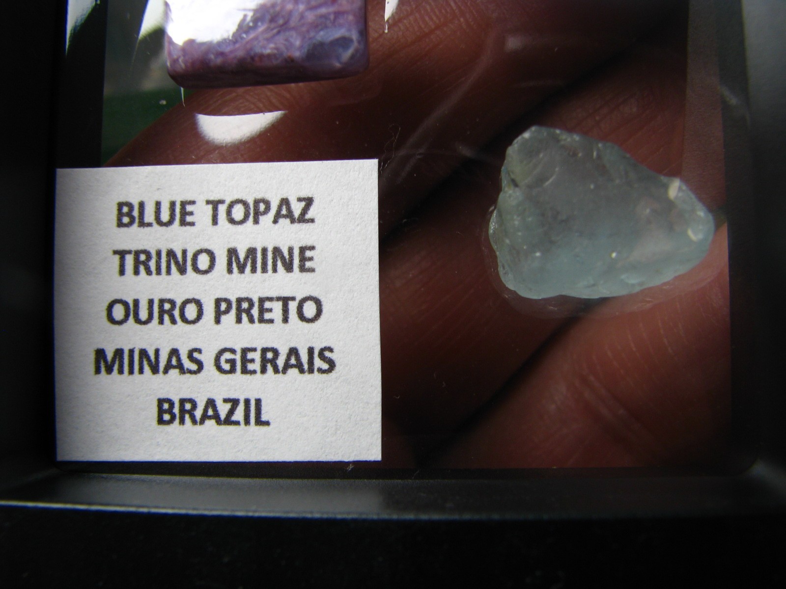 2 THUMBNAILS CHAROITE-SIBERIA BLUE TOPAZ-BRAZIL IN DISPLAY CASE #222