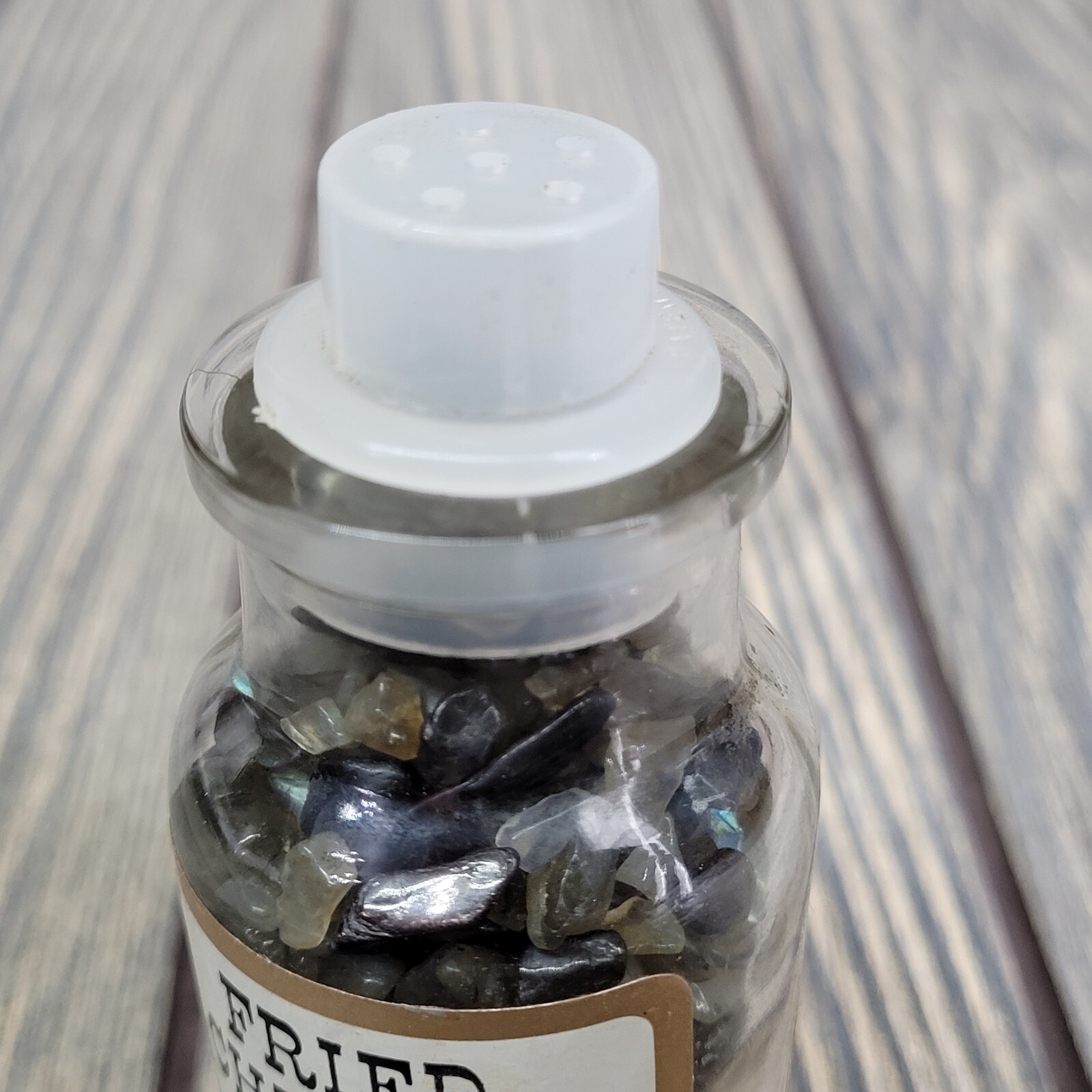 4oz Labradorite Crystal Tumbled Chips in Apothecary Vintage Glass Jar Wagner