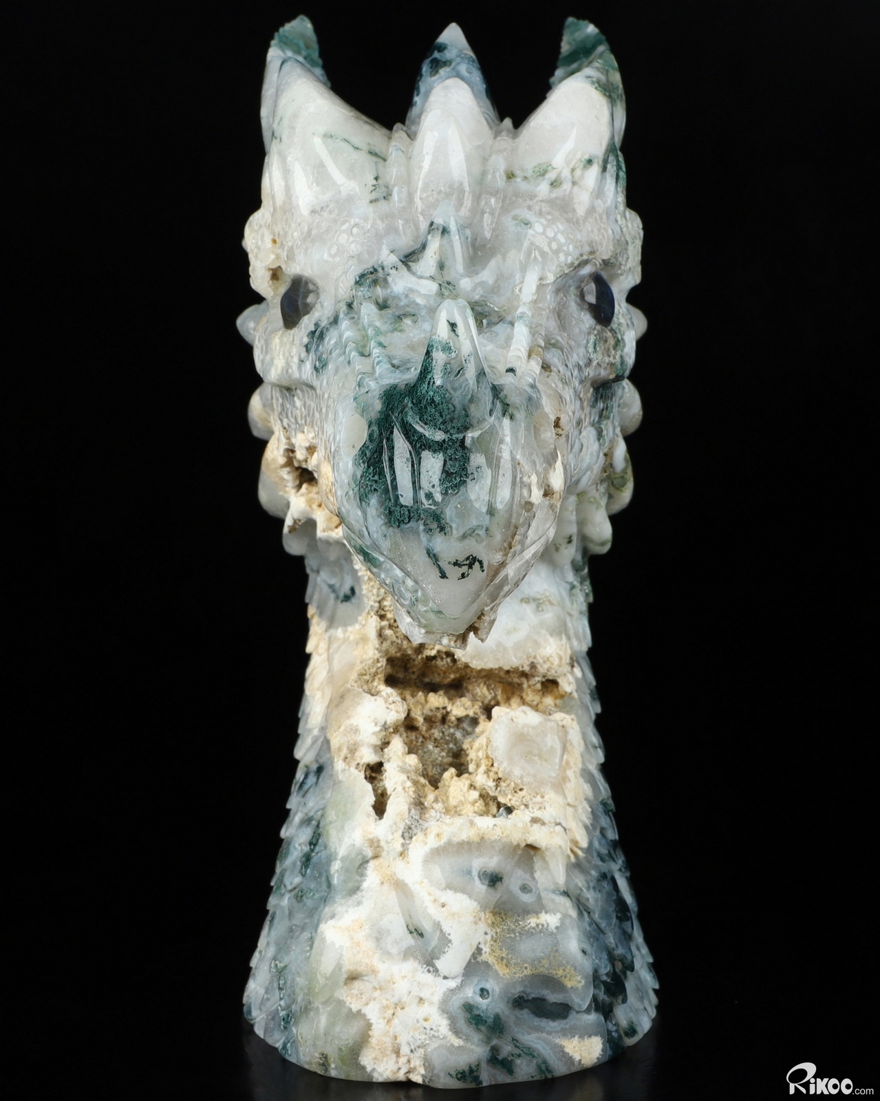6.9″ Green Moss Agate Carved Crystal Dragon & Labradorite Eyes , Realistic