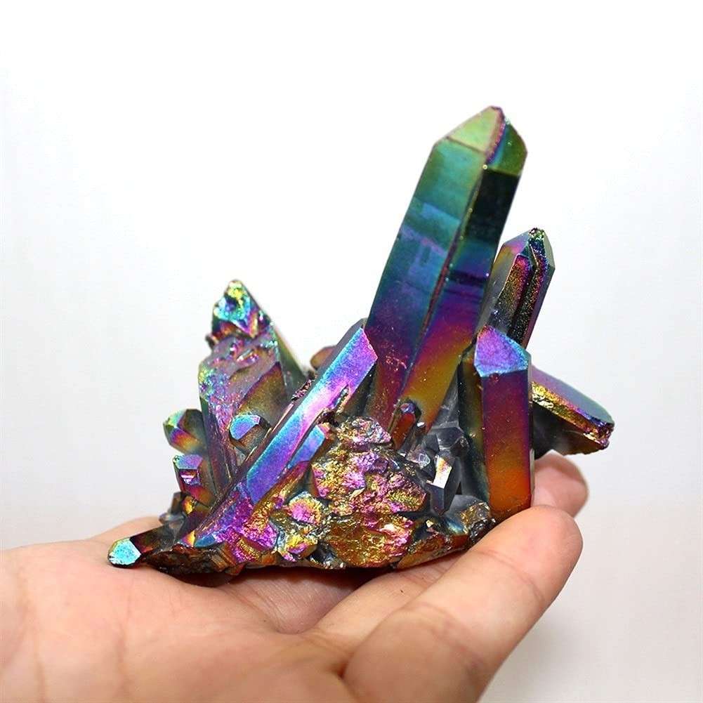 Natural Rainbow Titanium Quartz Cluster Angel Aura Crystal Point Geode Specimens