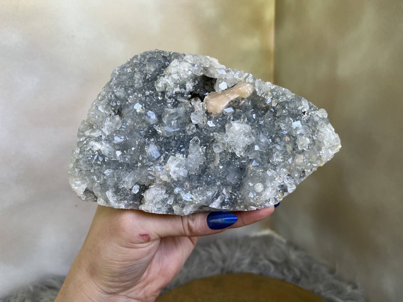 Peach Stilbite on Diamond Apophyllite And Blue/Grey Chalcedony