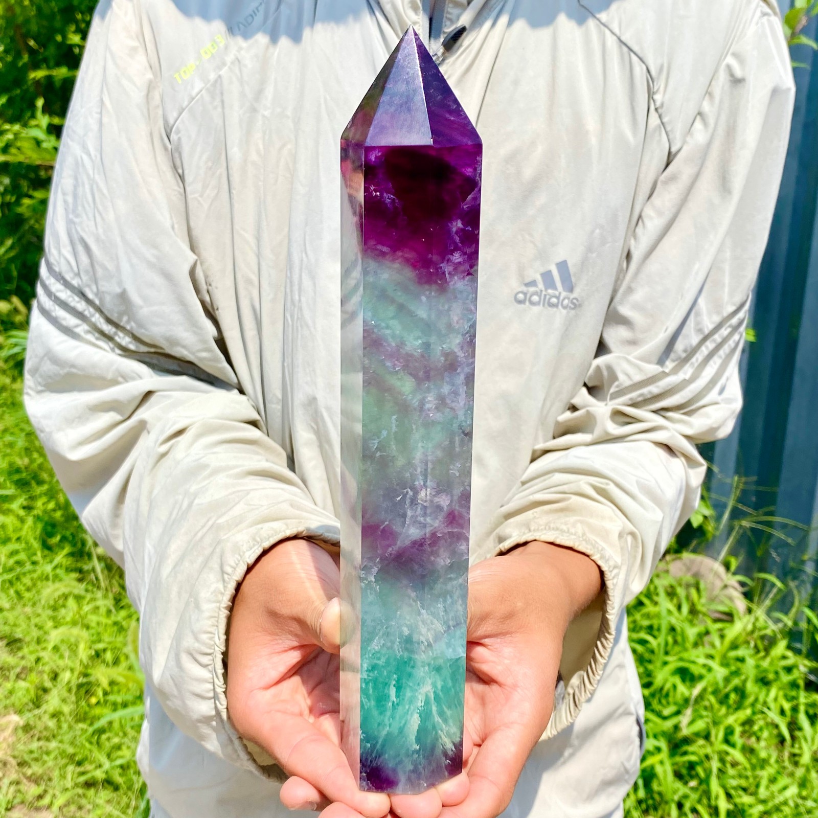 2.62LB Natural Rainbow Fluorite Obelisk Quartz Crystal Wand Tower Point Healing