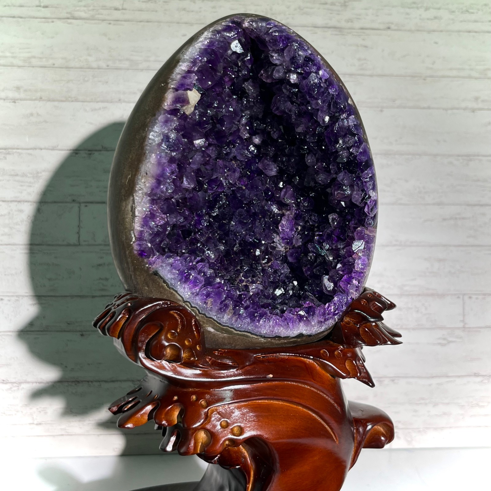 13.4 lb Amethyst Cluster Geode Dragon Egg Crystal w/ Wood Stand Mineral Specimen