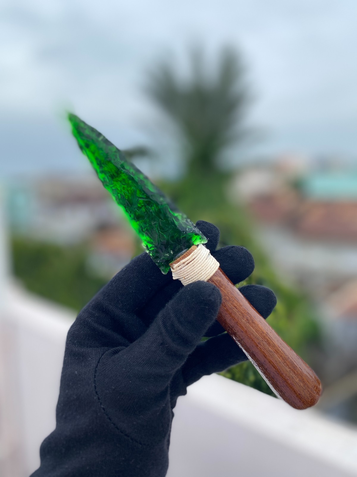 Handmade Green Obsidian Knife | Primitive Stone Blade | Wood Handle